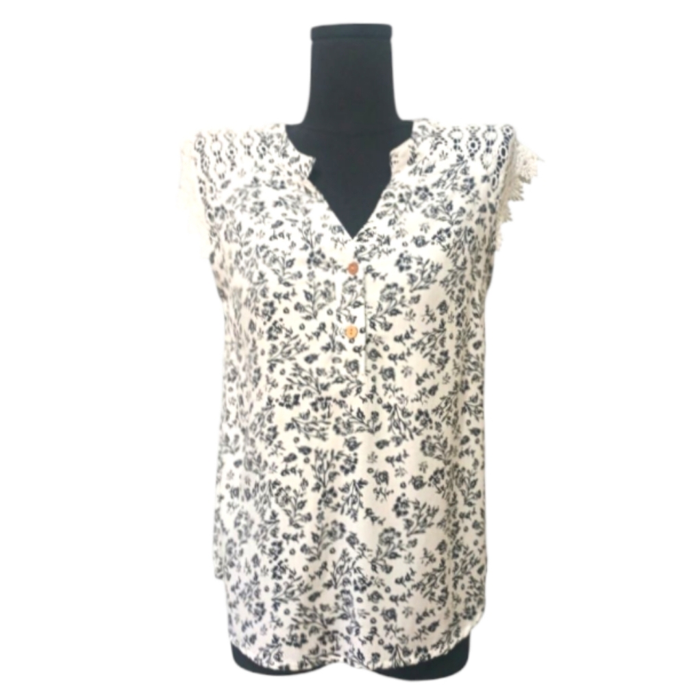 5/$25 Marianne White Blouse with Black Floral Print and Lace Trim Sleeves